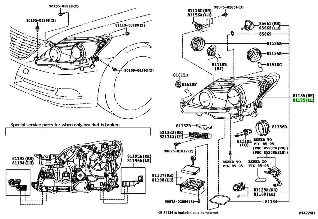 Vỏ Đèn Pha Trái Lexus LS Mã phụ tùng 8118550410