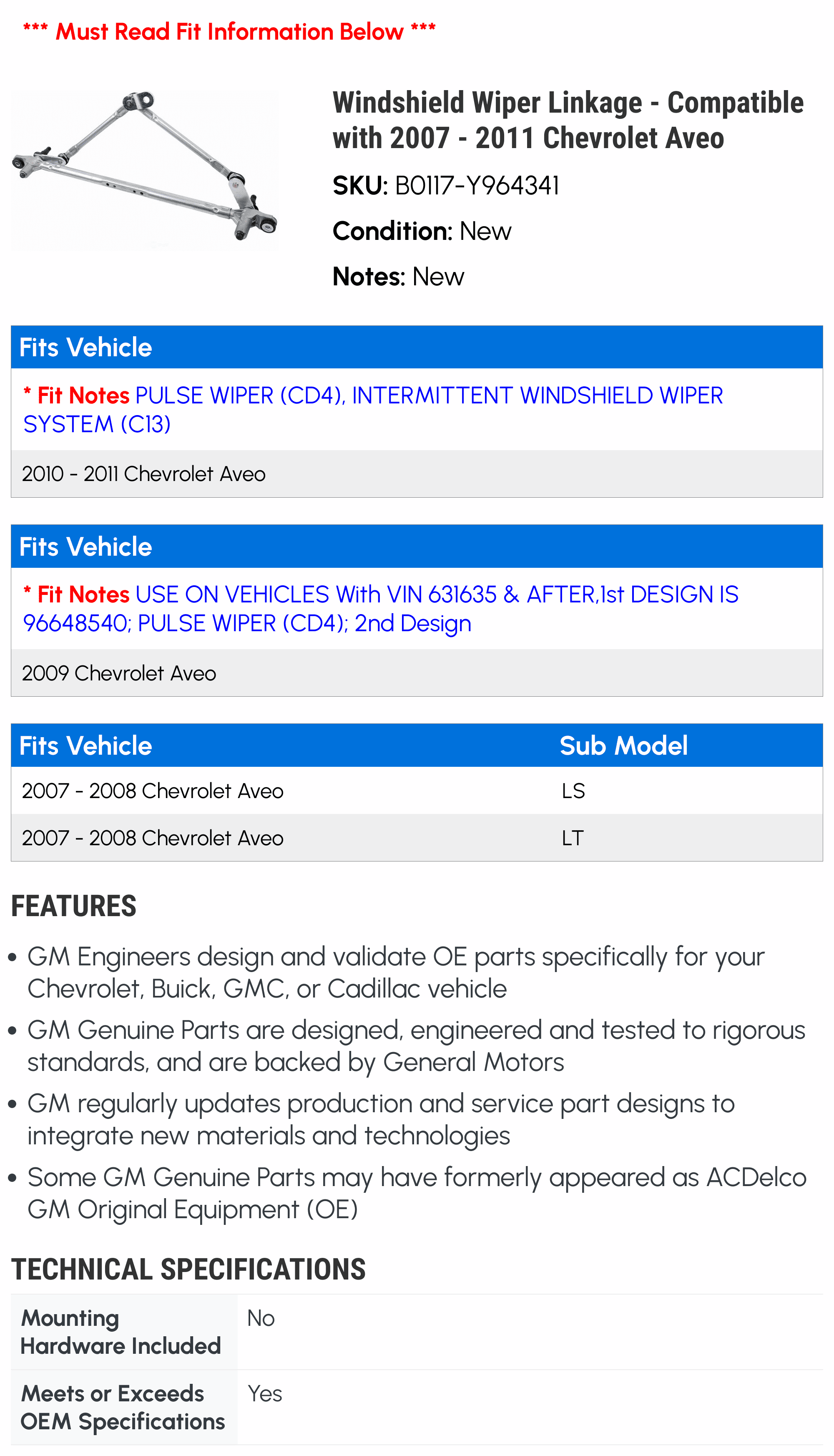 Giằng Gạt Mưa Chevrolet Aveo Mã phụ tùng 96648540