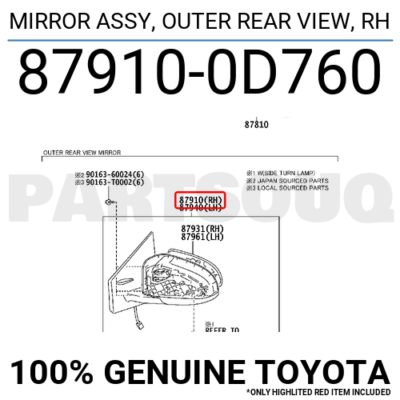 Gương chiếu hậu Yaris 2011 Mã phụ tùng 879100D480