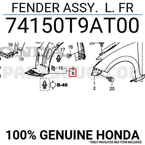 Chắn Bùn Lòng Dè Trước Trái Honda City Mã phụ tùng 74150T9AT00