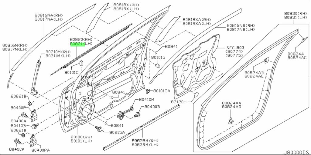 Nẹp Chân Kính Ngoài Trước - L Nissan Teana Mã phụ tùng 80821JN00A