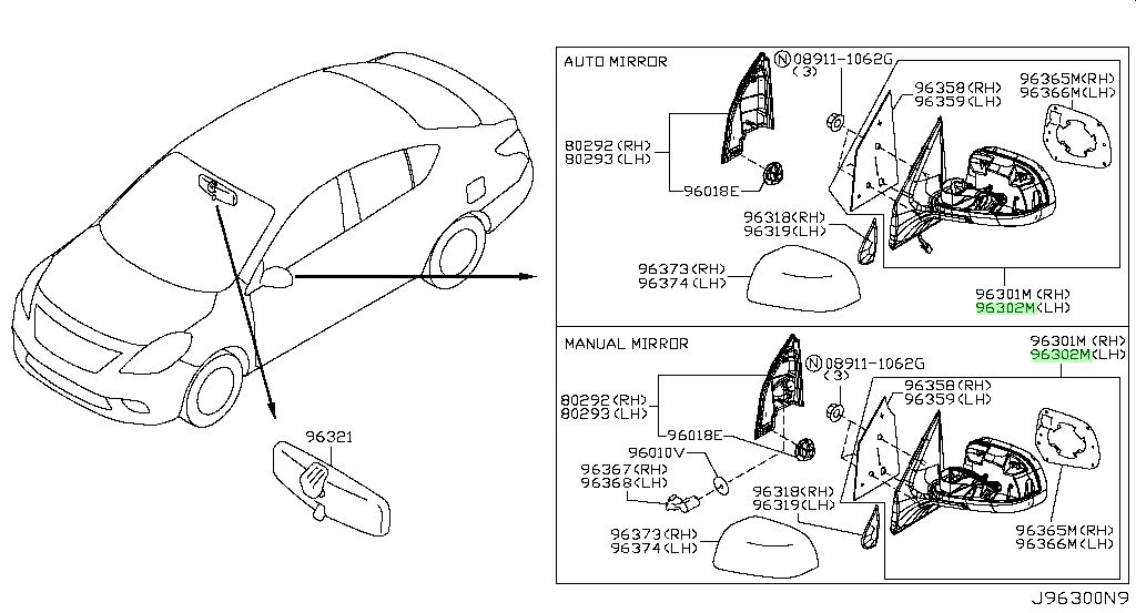 Gương Chiếu Hậu 3 Rắc Điện Trái Nissan Sunny Mã phụ tùng 963023AW0B