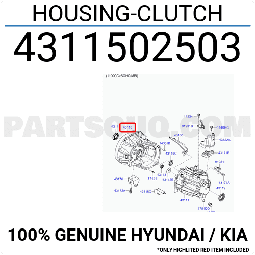 Vỏ Hộp Số Phần Bao Côn Kia Morning / Picanto Mã phụ tùng 4311502503