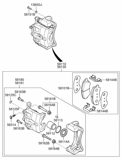 Cụm Gông Phanh Trước Trái Kia Rio Mã phụ tùng 581801RA00