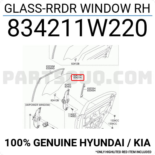 Kính Cửa Sau Phải Kia Rio Mã phụ tùng 834211W220