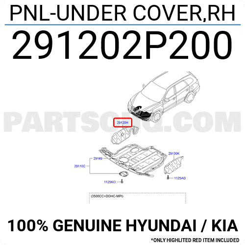 Chắn Bùn Gầm Máy Phải Kia Sorento Mã phụ tùng 291202p200