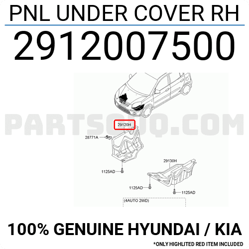 Chắn Bùn Gầm Máy Phải Kia Morning / Picanto Mã phụ tùng 2912007500