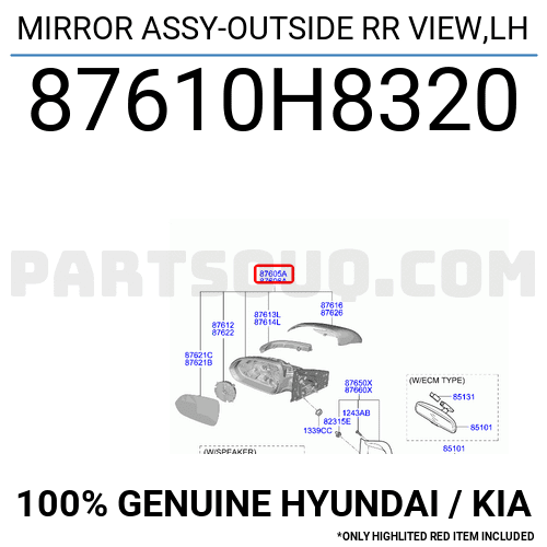 Gương Chiếu Hậu Trái Kia Rio Mã phụ tùng 87610H8320