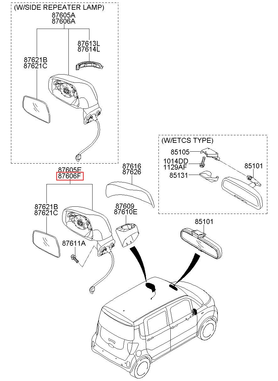 Gương Chiếu Hậu Xin Nhan Bé Phải Kia Morning / Picanto Mã phụ tùng 8762007083AS