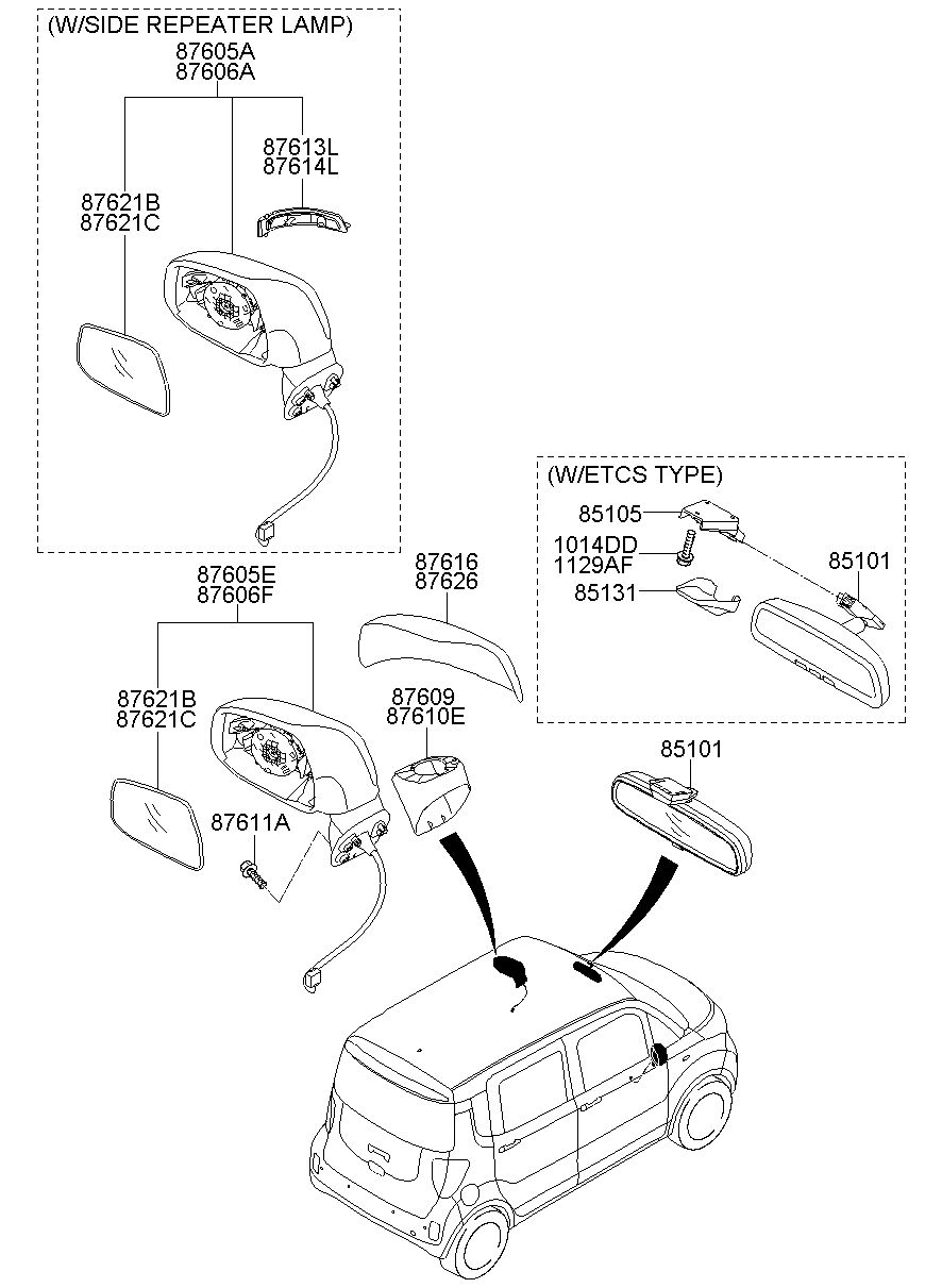Gương Chiếu Hậu - R (Xin An To) Kia Morning / Picanto Mã phụ tùng 8762007088AS