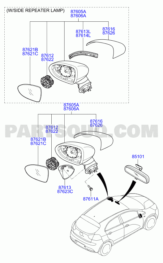 Gương Chiếu Hậu Trái Không Đèn Kia Rio Mã phụ tùng 876101W041