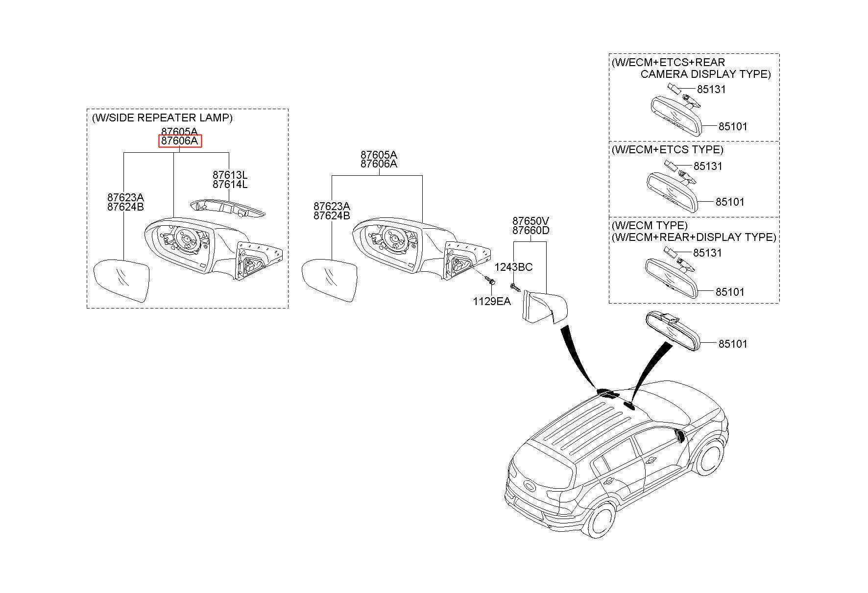 Gương Chiếu Hậu Phải Kia Sportage Mã phụ tùng 876203W0309P