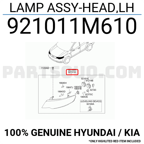 Đèn Pha Trái Mí Trắng Điều Khiển Điện Kia koup Mã phụ tùng 921011M610