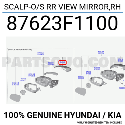 Ốp Gương Chiếu Hậu Phải (Không Đèn Xi Nhan) Kia Morning / Picanto Mã phụ tùng 876231Y100UD