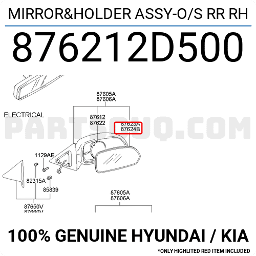 Mặt Gương Chiếu Hậu Phải Kia Spectra Mã phụ tùng 876212d500